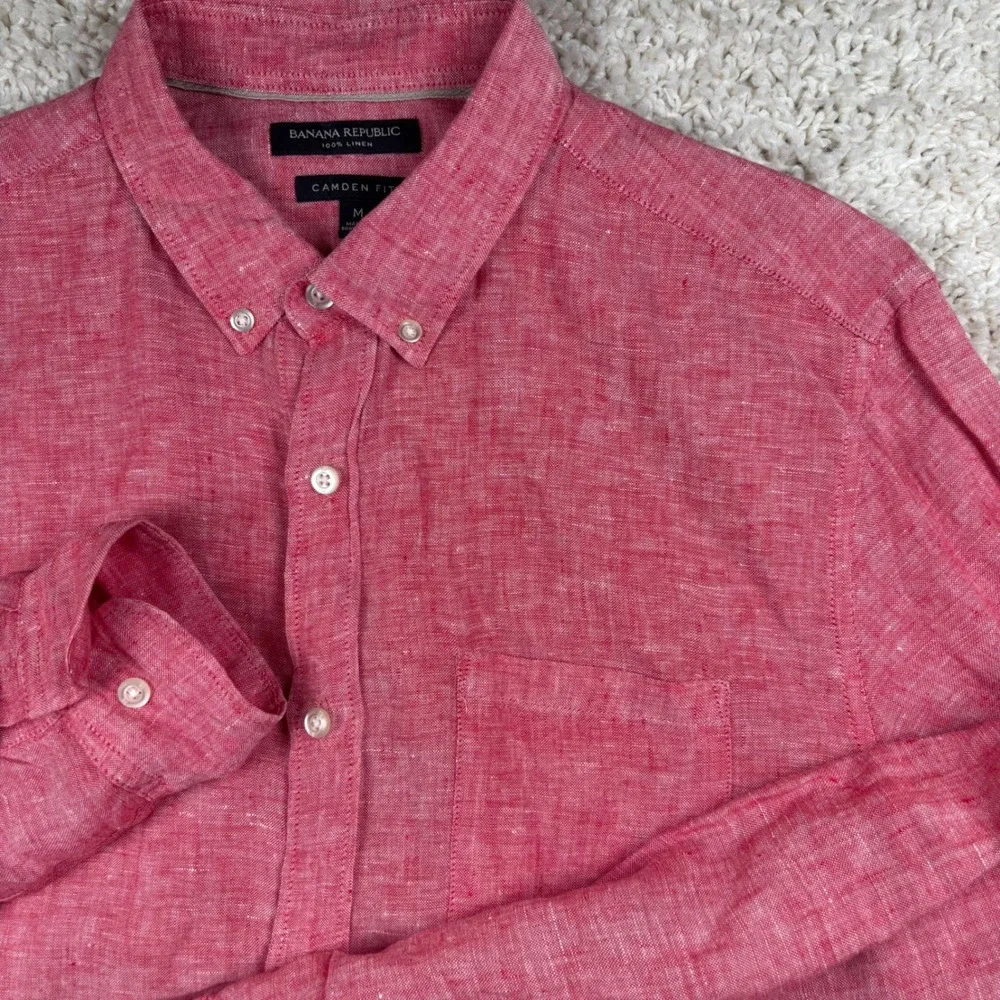 Banana Republic Mens Button Down Shirt M Pink Linen Camden Fit LS Summer Casual